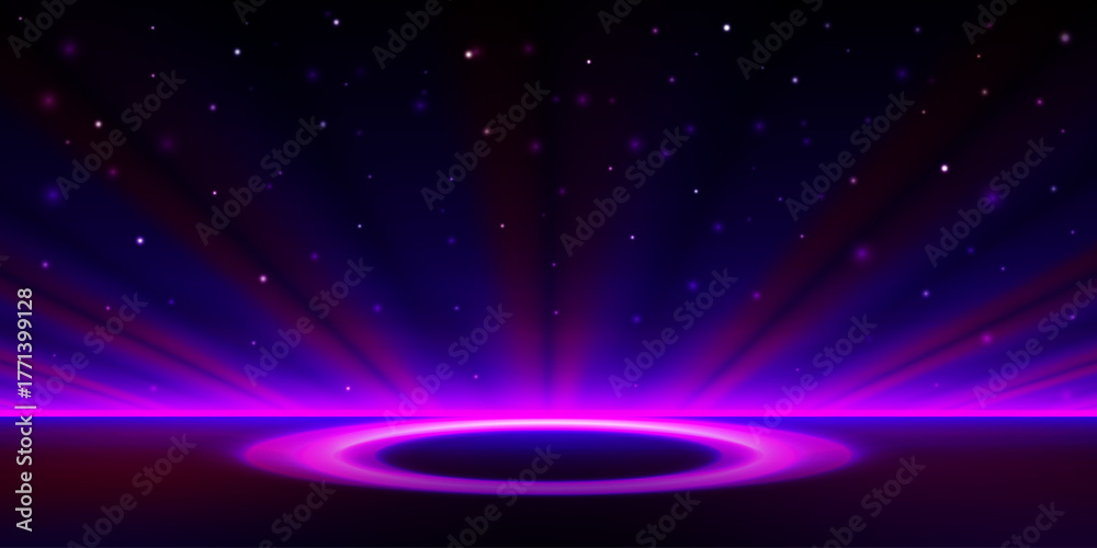 Obraz premium Futuristic sci fi background with glowing purple and fuchsia light rings under starry dark blue sky.Vector for digital technology,metaverse,virtual reality,high tech design projects