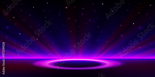 Futuristic sci fi background with glowing purple and fuchsia light rings under starry dark blue sky.Vector for digital technology,metaverse,virtual reality,high tech design projects