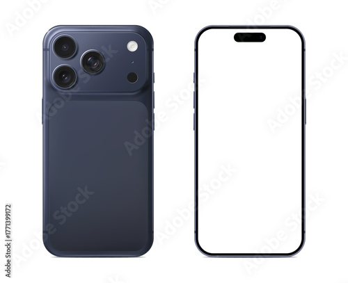 New smartphone showing triple camera system and blank screen on an isolated background