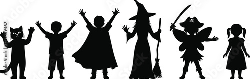 Children costume silhouette set, Halloween kids vector, witch, pirate fairy, cat, cape, dress, playful pose, flat illustration