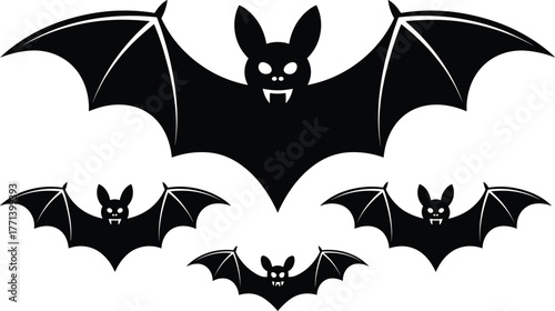 Halloween vampire bats illustration, spooky flying creatures with fangs, scary dark night design, horror themed vector artwork, creepy bat silhouettes