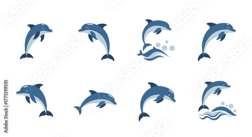 Blue Dolphin Jumping Water Icon Collection Vector Set