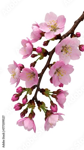 Pink cherry blossom branch in bloom against a white background with buds