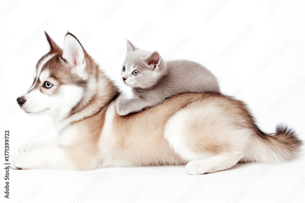 Fototapeta premium Husky puppy lying down calmly as grey kitten rests on its back. Concept of interspecies trust, affection and comfort with a bright background and clean copy space.
