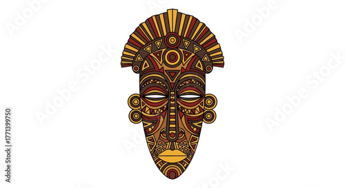 African Tribal Mask Artwork in Ornamental Style and Detailed Decoration