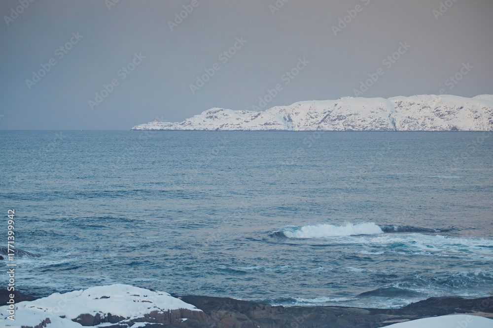 Obraz premium Winter arctic landscape. Non-freezing Barents Sea and snowy hills on the shore during the day
