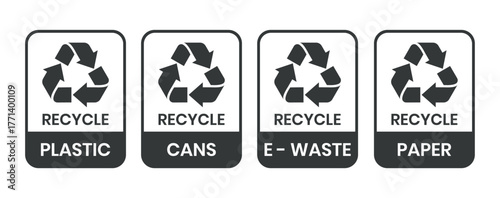 Recycle label products. Recycle icon set, Recycle sign, logo, badge, icon, sticker, label, emblem, stamp, symbol, black, line, flat vector, isolated illustration.