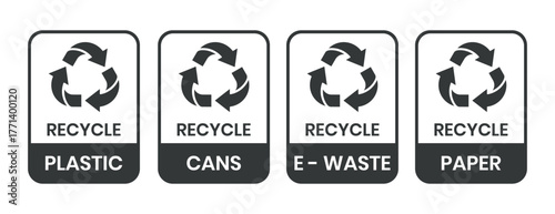Recycle label products. Recycle icon set, Recycle sign, logo, badge, icon, sticker, label, emblem, stamp, symbol, black, line, flat vector, isolated illustration.