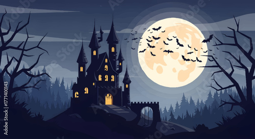 Eerie Castle on a Hill Under a Full Moon with Bats