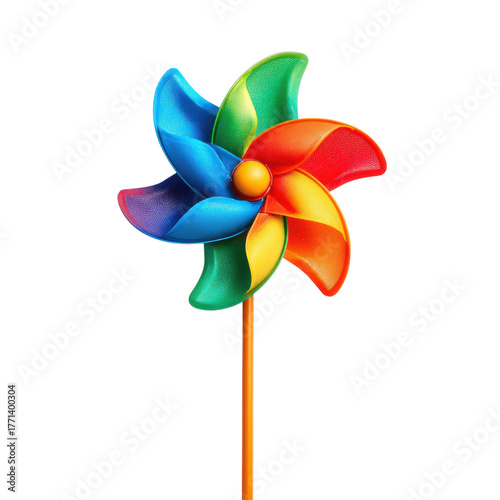 A vibrant pinwheel spins joyfully in the wind, capturing the sunlight in a lively park setting in the afternoon