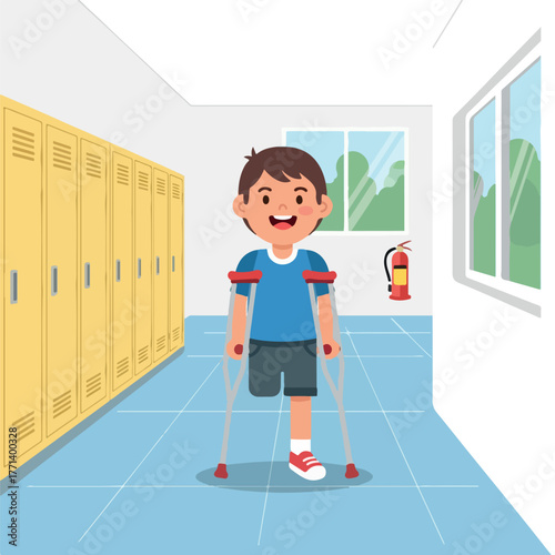 Cheerful disabled young boy with one leg walking with crutches.