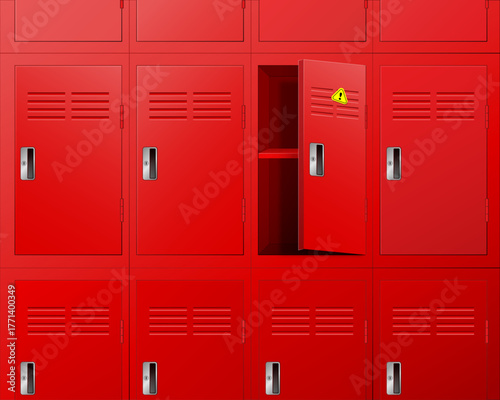 Red Metal School Lockers with Open Door and Warning Sign Sticker