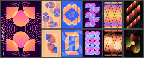 Set of abstract geometric backgrounds and posters with neon spheres rounded tracks ripple rings and mesh panels