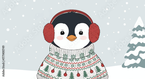 An adorable cartoon penguin wearing a festive Christmas sweater and warm earmuffs in a snowy winter scene with falling snow