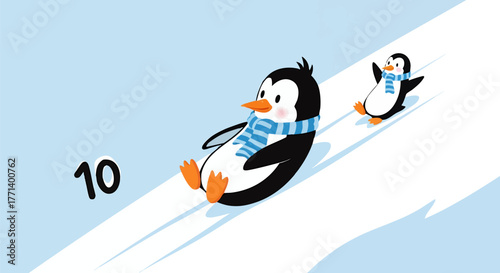 Two cartoon penguins sliding down a snowy slope, wearing scarves, with the number ten.