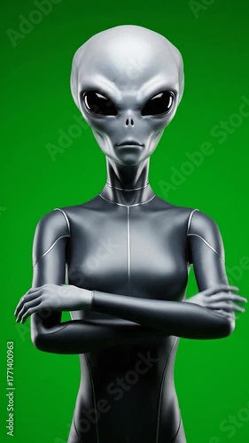 Gray alien figure with large eyes waving hand on green background