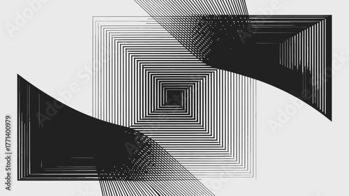 Concentric squares with curved black shapes in opposite corners creating a dynamic composition