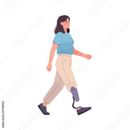 Young woman with a prosthetic leg walking forward confidently.
