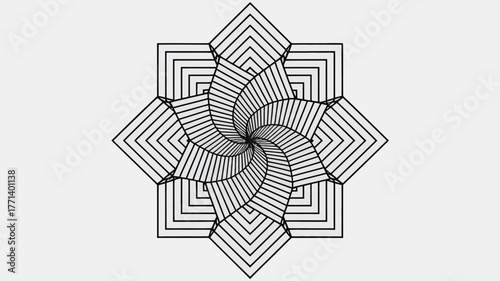 Black and white optical illusion of a flower made of squares and lines creating a spiral effect design