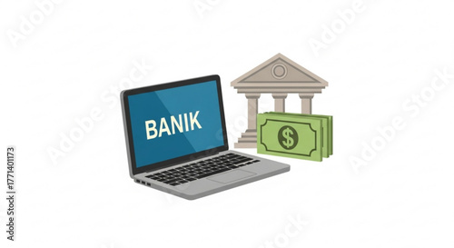 Online banking money transfer concept with laptop and bank building vector illustration graphic design