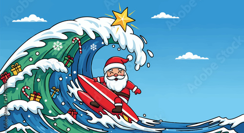 Cartoon illustration of Santa Claus surfing a wave decorated with Christmas gifts, candy canes, snowflakes, and topped with a star against a blue sky.