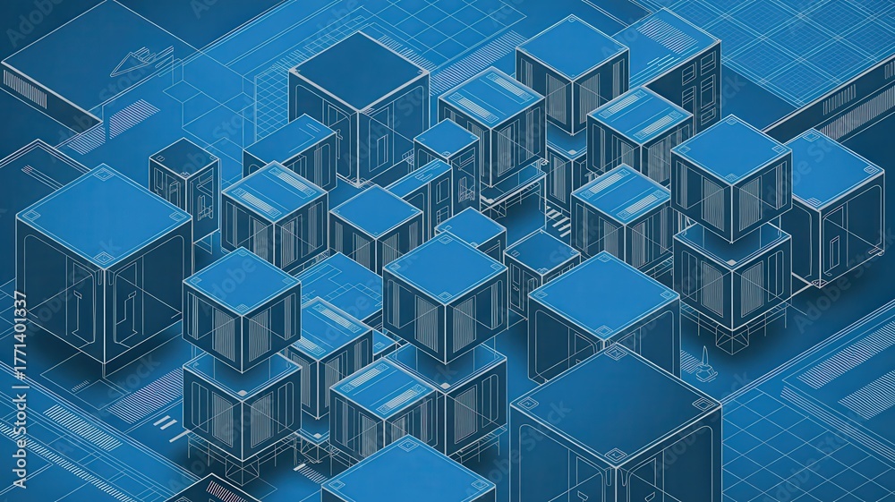 Obraz premium Modern blueprint design showcasing isometric cubes and architectural plans in cool blue tones, ideal for tech, architecture, and innovative design projects.