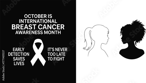 Breast cancer awareness poster, silhouette women profile, October campaign, early detection message, flat vector illustration, CAD drawing, health support design