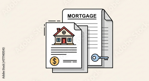 Mortgage agreement loan document for house purchase and real estate investment with key and dollar sign