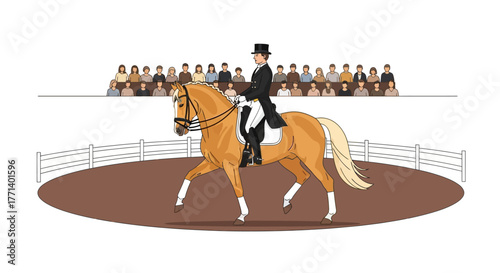 Dressage Horse and Rider in a Competition with Spectators Watching in the Arena