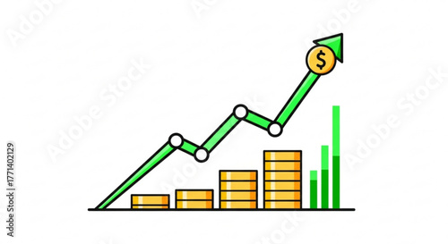 Growth chart showing financial success with upward trend of money and investment increasing profit margin
