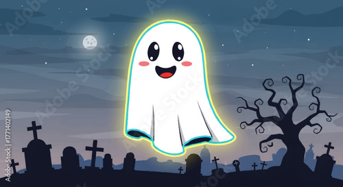 Cute cartoon ghost floating over a spooky graveyard at night