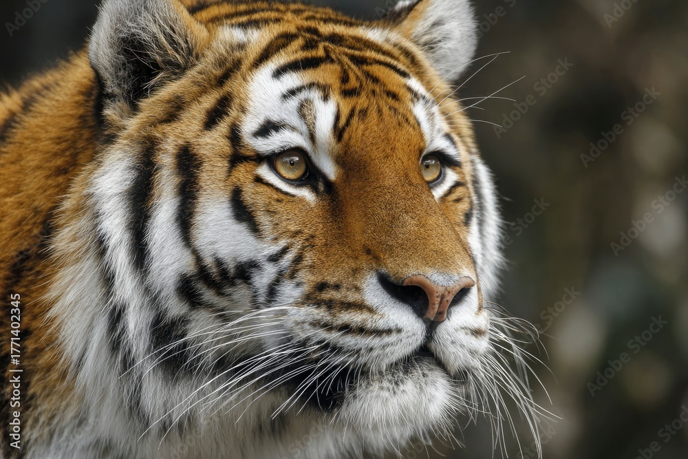 Fototapeta premium A breathtaking close-up portrait captures the majestic essence of a large wild cat, showcasing its distinctive and beautiful facial features. The animal's striking orange, black, and white striped fur