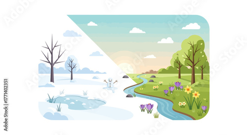 A Visual Contrast Winter's Dormancy Transitions into the Vibrant Awakening of Spring