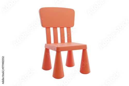 A vibrant 3D rendered orange child's chair with a minimalist design and sturdy conical legs, ideal for kids' spaces. background removed