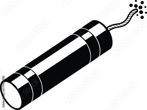 Explosive firecracker silhouette, CAD drawing, flat vector illustration, dynamite icon, safety symbol, black and white, combustion, fuse spark design