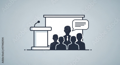 Conference presentation speaker podium meeting audience business seminar vector illustration