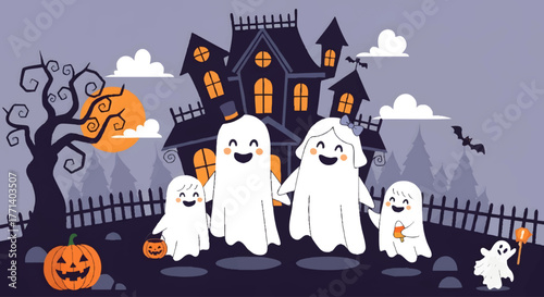 Spooky Family of Ghosts Celebrating Halloween Outside a Haunted House
