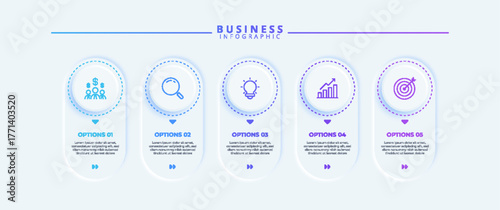 Infographic design with five steps and icons, tailored for business use. Suitable for presentations, banners, workflows, process diagrams, flowcharts, and data visualization.