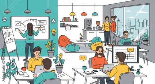 Office space with team collaboration and brainstorming session for business strategy and project management concept