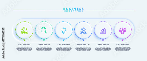 Infographic design with six steps and icons, tailored for business use. Suitable for presentations, banners, workflows, process diagrams, flowcharts, and data visualization.