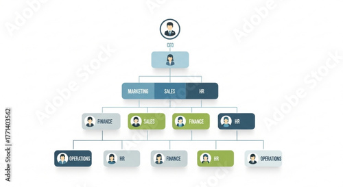 Company organization chart diagram showing hierarchy of ceo marketing sales hr finance and operations teams