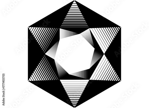 Hexagonal crystal with striped faces. Vector black and white pattern. Design element for advertising, packaging, interior. Modern vector background. logo, stone. diamant
