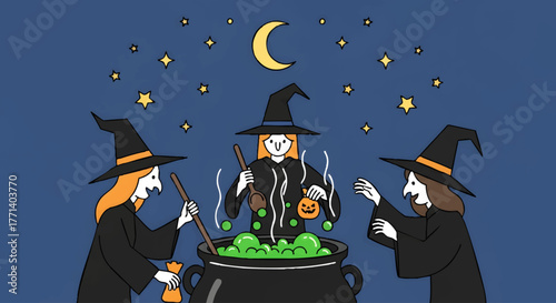Three witches stirring a cauldron under the moon on Halloween night