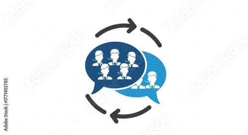 Communication teamwork concept with call center agents in speech bubbles and arrows for business use case
