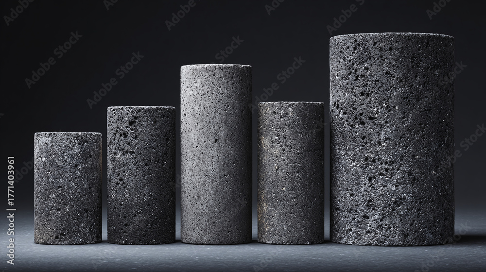 Obraz premium Five cylindrical columns lined up. The columns are made of dark material. The background has a dark color