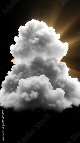 A fluffy, luminous cloud formation against a deep black backdrop, with golden light bursting through