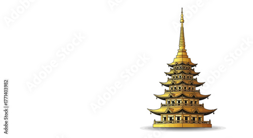 Majestic golden spire of a traditional Asian pagoda, a symbolic illustration of faith, heritage, and ancient Buddhist architecture