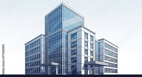 Modern office building architecture design with glass facade and corporate headquarters search terms for real estate