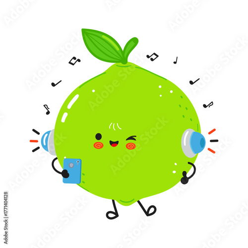 Cute lime cartoon character listening to music