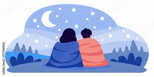 Couple stargazing under blanket in night sky with stars  